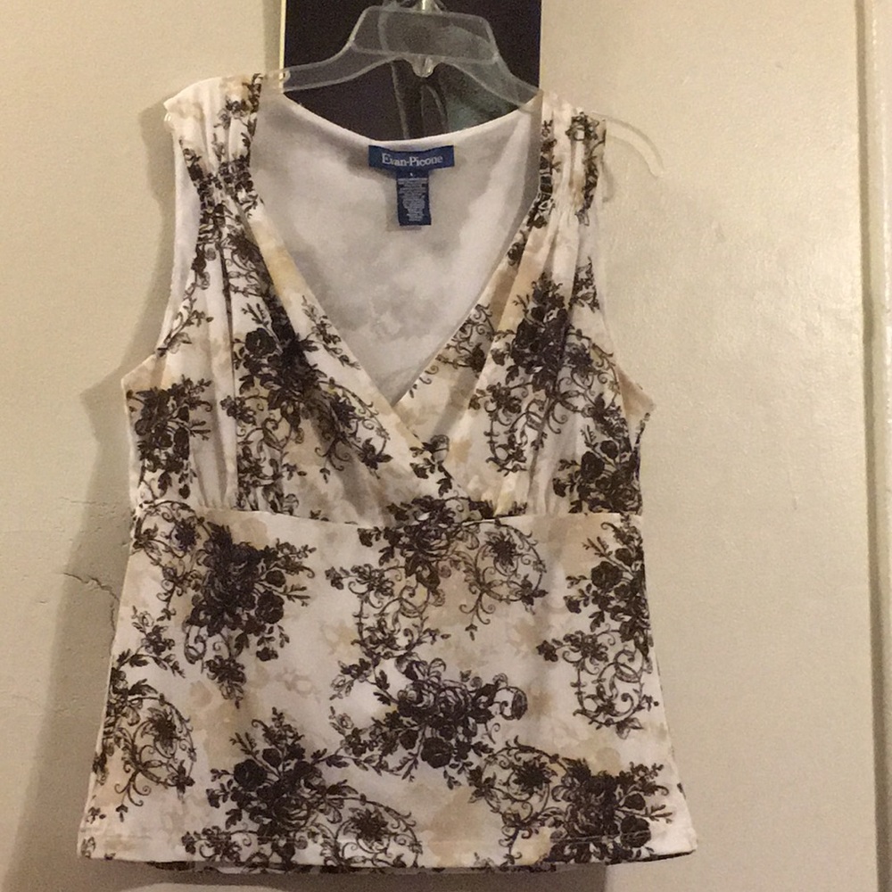 Evan Picone Brown & Tan Print on White Top